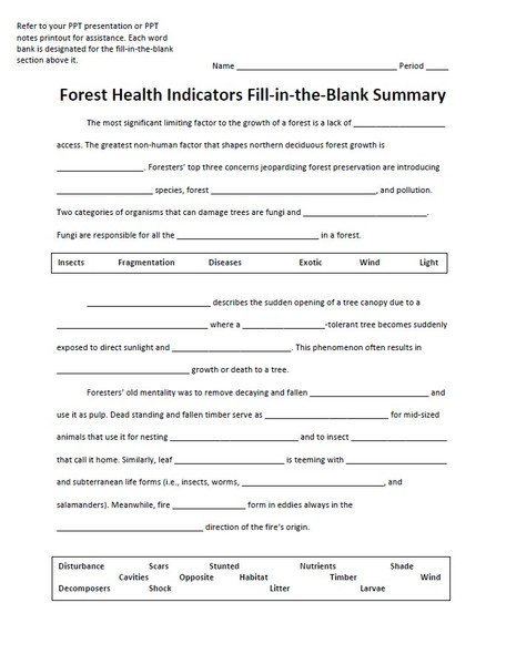 Forest Health Indicators Fill-in-the-Blank Summary Activity