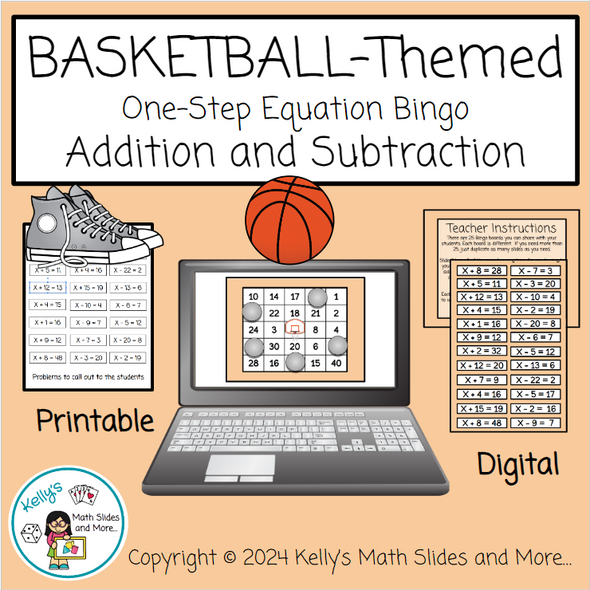 One-Step Equation Bingo - Addition and Subtraction - Basketball-Themed