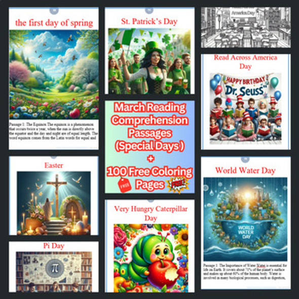 March Reading Passages+100Free Coloring Pages |Comprehension Q/A Special Days.