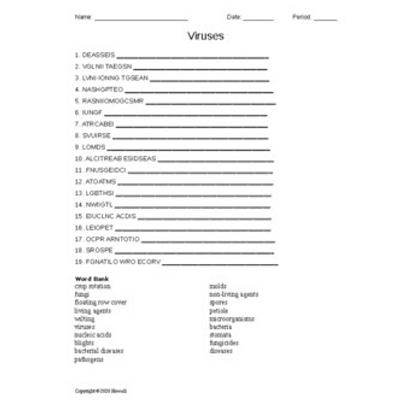 Viruses Word Scramble for a Plant Science Course