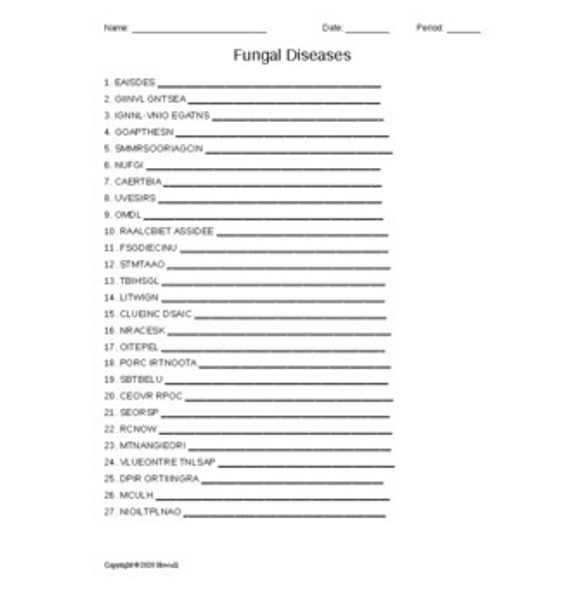 Fungal Diseases Word Scramble for a Plant Science Course