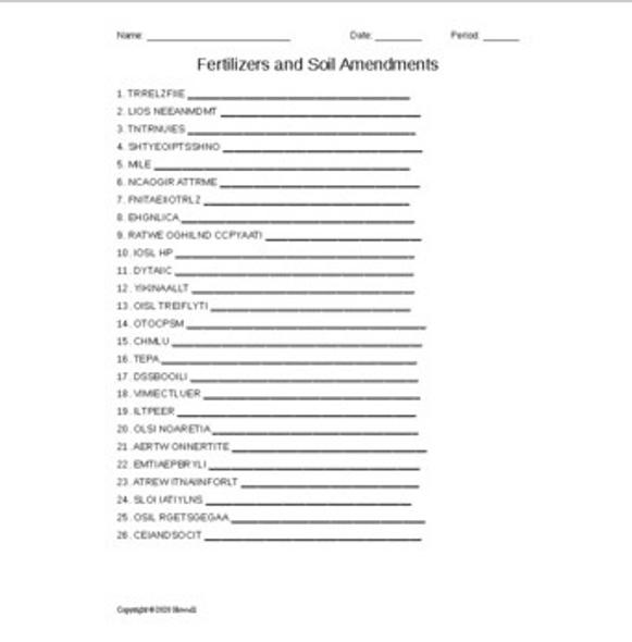 Fertilizers and Soil Amendments Word Scramble for a Plant Science Course