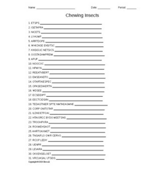 Chewing Insects Word Scramble for a Plant Science Course