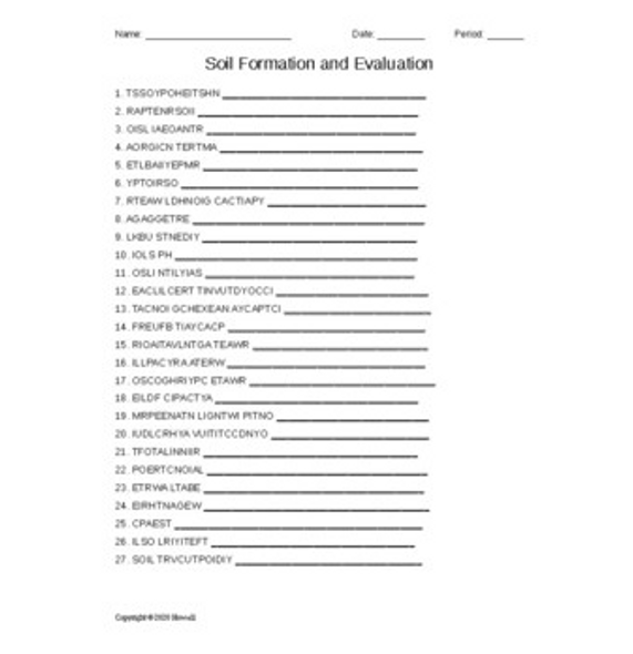 Soil Formation and Evaluation Word Scramble for a Plant Science Course