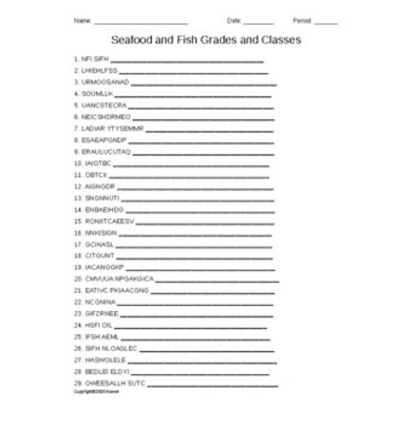 Seafood and Fish Grades Word Scramble for Food Science