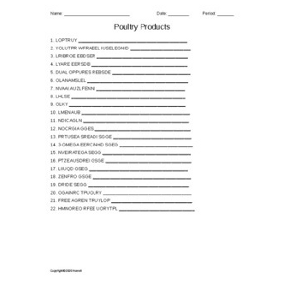 Poultry Products Word Scramble for Food Science