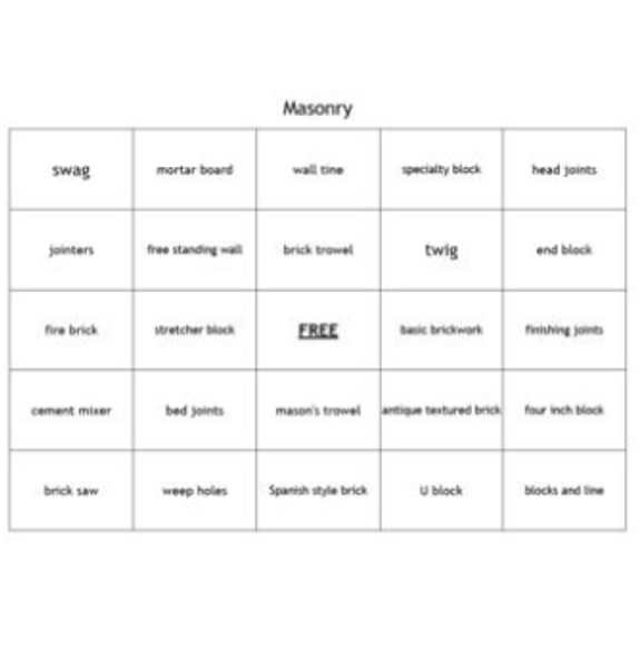 "Masonry" Bingo set for an Agriculture Construction Course