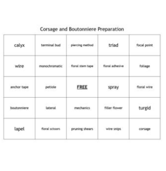 "Corsage and Boutonniere Preparation" Bingo set for a Floral Design Course