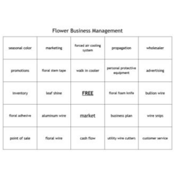 "Flower Business Management" Bingo set for a Floral Design Course