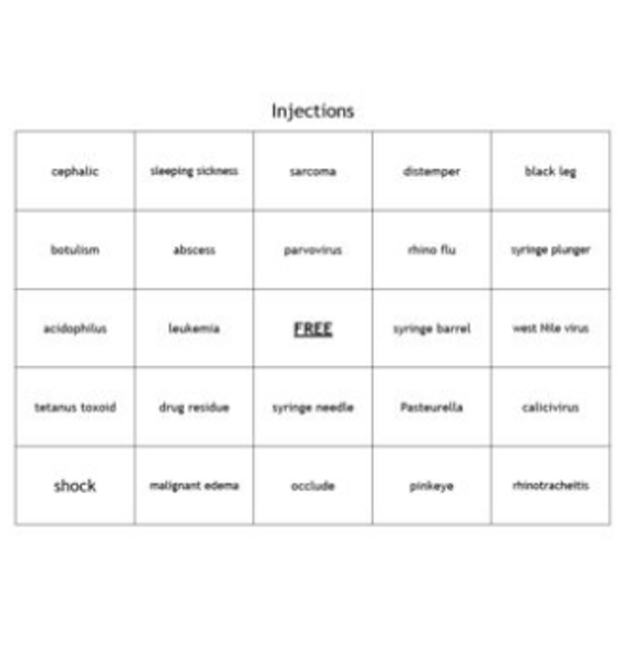 "Veterinary Livestock Injections" Bingo set for a Veterinary Science Course
