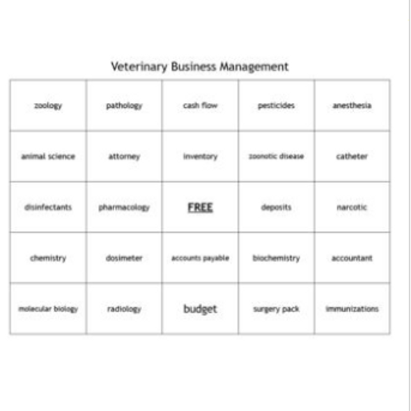 "Veterinary Business Management" Bingo set for a Veterinary Science Course