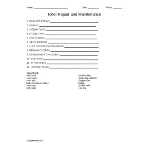 Toilet Repair and Maintenance Word Scramble