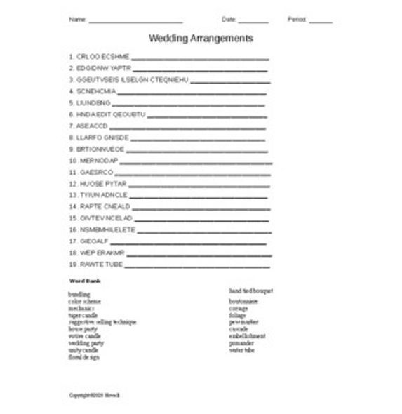 Wedding Arrangements Word Scramble