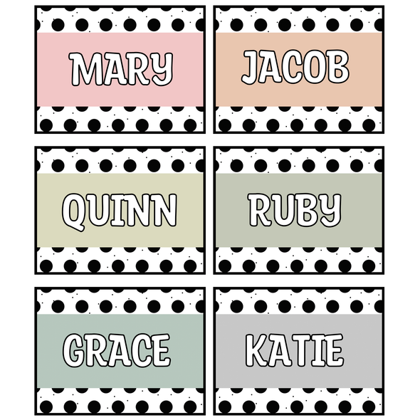 Printable Spotty Boho Neutral Student Name Labels, Classroom Name Labels