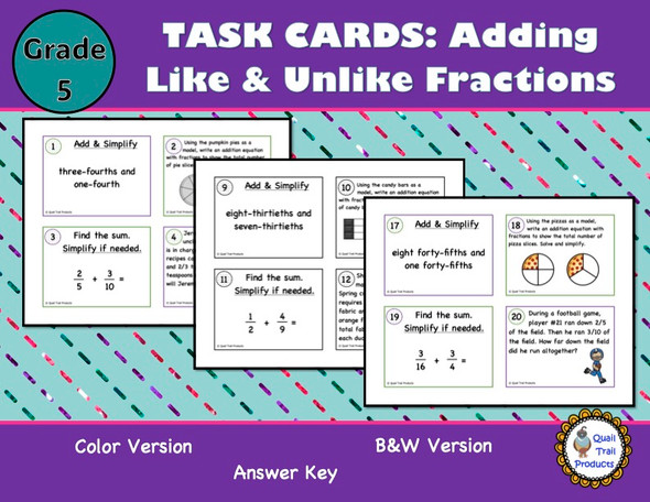 Adding Like Fractions and Unlike Fractions TASK CARDS