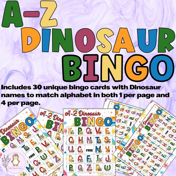 A-Z Dinosaur Bingo Cards Alphabet Activity Game For Classroom Parties - 5x5