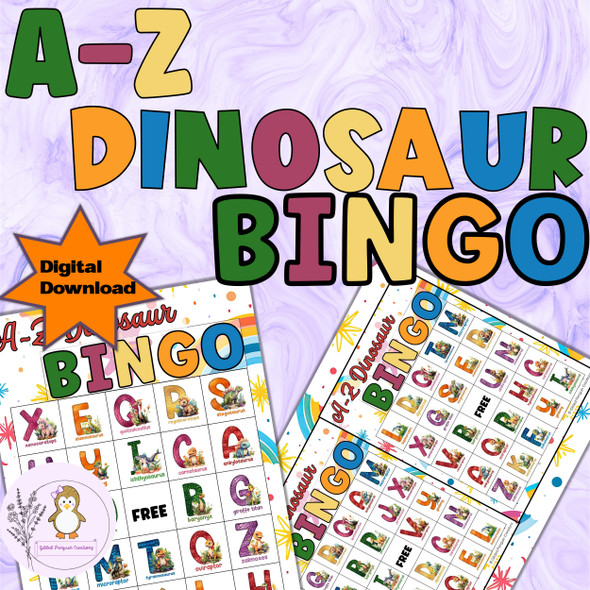 A-Z Dinosaur Bingo Cards Alphabet Activity Game For Classroom Parties - 5x5