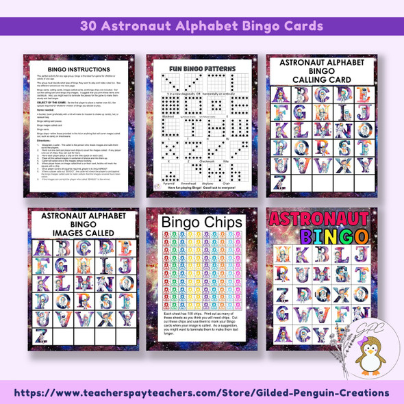 Astronaut Bingo Cards Alphabet Activity Game For Classroom Parties - 5x5