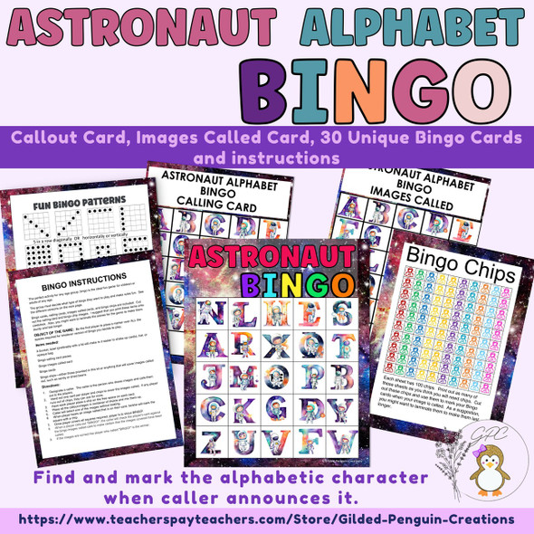 Astronaut Bingo Cards Alphabet Activity Game For Classroom Parties - 5x5
