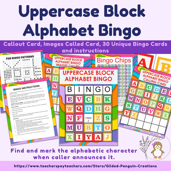Uppercase Alphabet Bingo Cards with Block Letters Game - 5x5