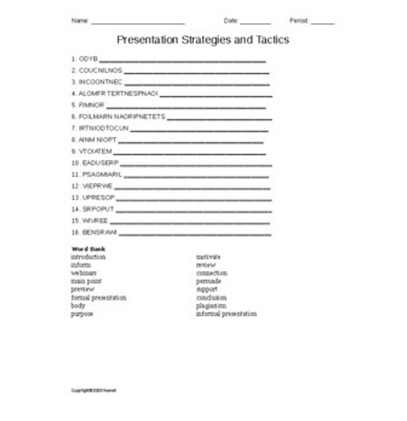 "Presentation Strategies" Word Scramble for an Ag. Communications Course