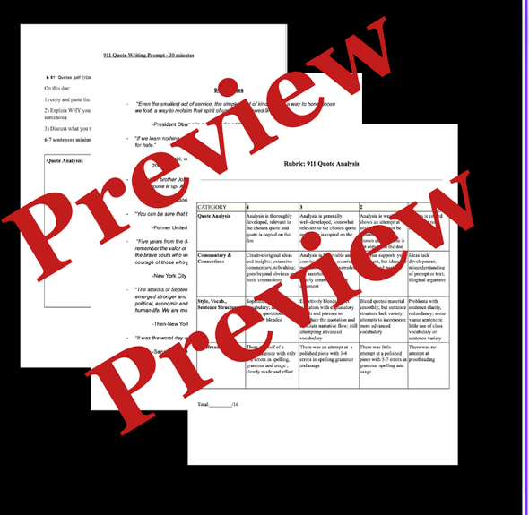 9-11 Quote Analysis and Graphic Organizer with Rubric - fully editable!