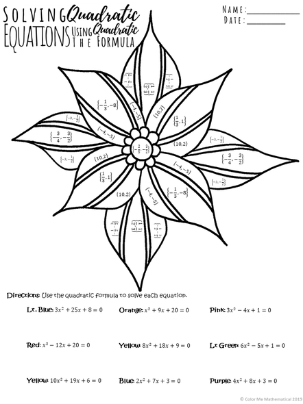 Solving Quadratic Equations Color by Number Worksheets