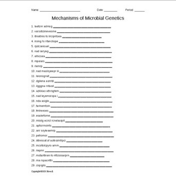 Mechanisms of Microbial Genetics Vocab. Word Scramble for a Microbiology Course