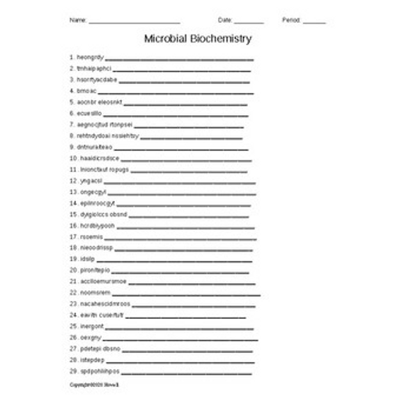 Microbial Biochemistry Word Scramble for a Microbiology Course