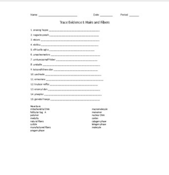 Trace Evidence: Hairs and Fibers Word Scramble for a Forensics Course