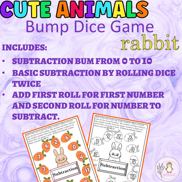 Addition and Subtraction Bump Game Cute Animals-RABBIT Math Dice Game