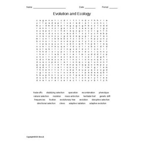 Evolution and Ecology Word Search for an Ecology Course