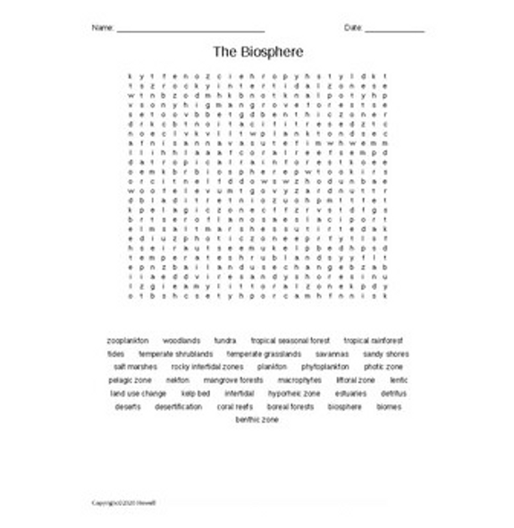 The Biosphere Word Search for an Ecology Course