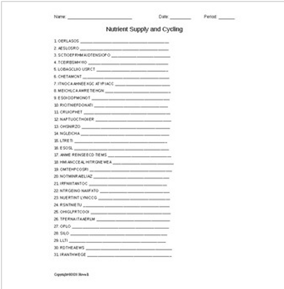 Nutrient Supply and Cycling Word Scramble for an Ecology Course