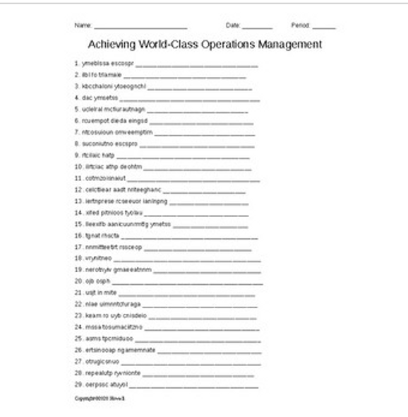 Achieving World Class Operations Management Word Scramble for a Business Course