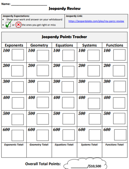8th Math Review: Fun Jeopardy Game & Tracker!