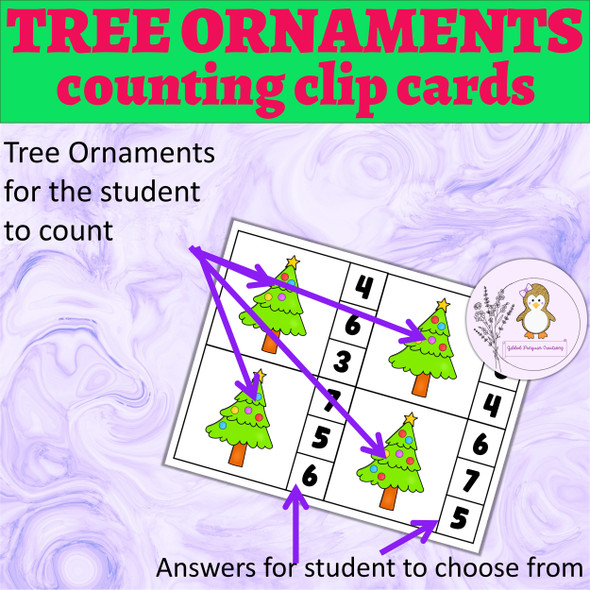 Christmas Counting Clip Cards Tree Ornaments Learn Number 0 to 10 Counting to 10
