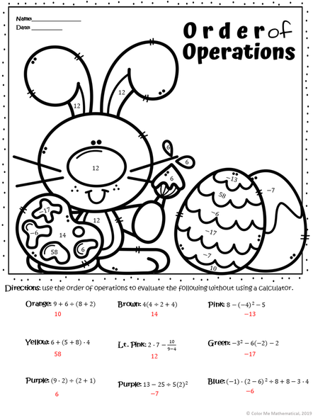 EASTER BUNNY - Basic Algebra Color by Number Worksheets