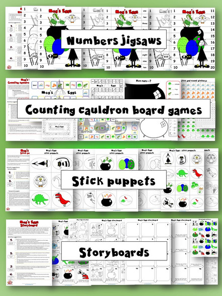 Meg's Eggs Activity Pack - numbers jigsaws, counting cauldron board games, stick puppets, storyboards