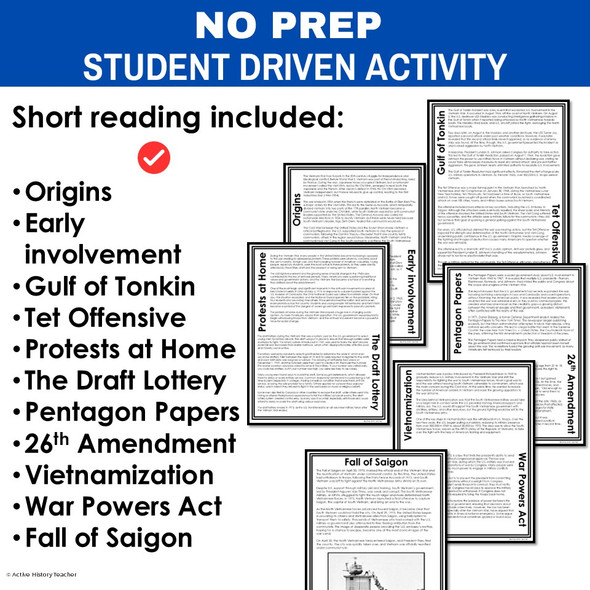 Vietnam War One-Pager Activity Summaries No Prep Assignment or Assessment