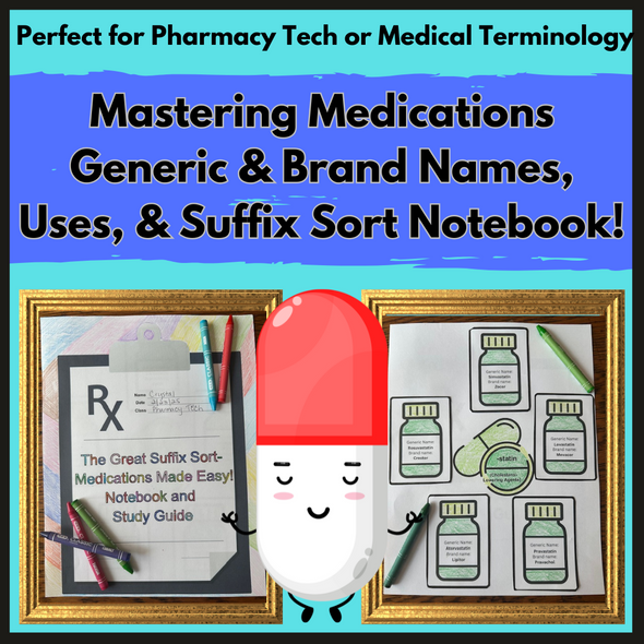 Mastering Medications: Generic & Brand Names, Uses, & Suffix Sort Notebook!