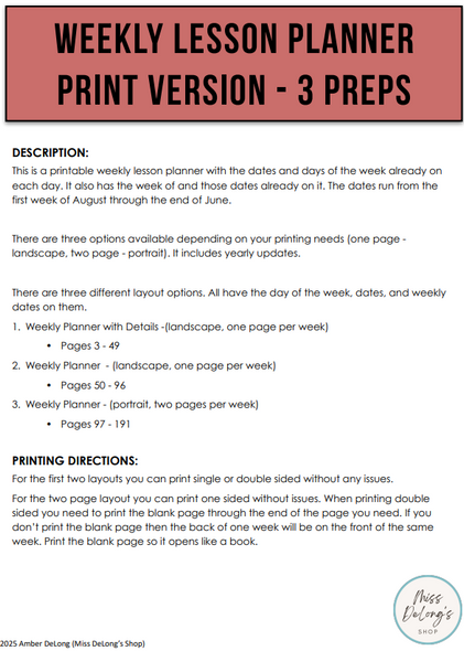 Weekly Lesson Planner Print or Printable Version 3 layouts 3 Preps 2025-2026