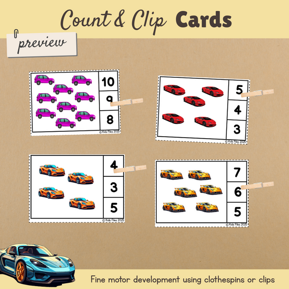 Car Theme Count and Clip Cards| Numbers 1-20| 64 cards