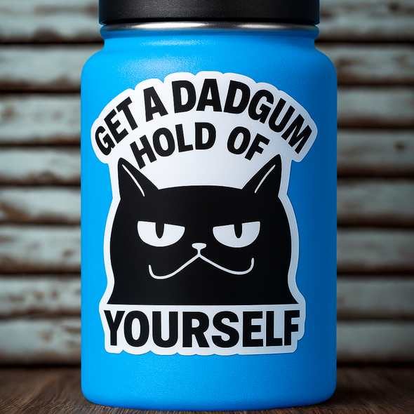 Get a Dadgum Hold of Yourself – Funny Cat Sticker for Teachers, Nurses & Chaos Survivors Waterproof Vinyl 