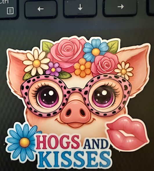 "Hogs and Kisses" Cute Pig Waterproof Vinyl Sticker – Floral Glasses & Fun Farm Pun