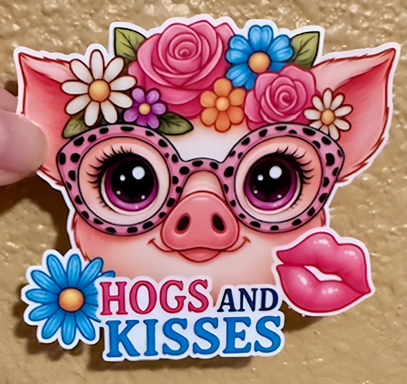 "Hogs and Kisses" Cute Pig Waterproof Vinyl Sticker – Floral Glasses & Fun Farm Pun