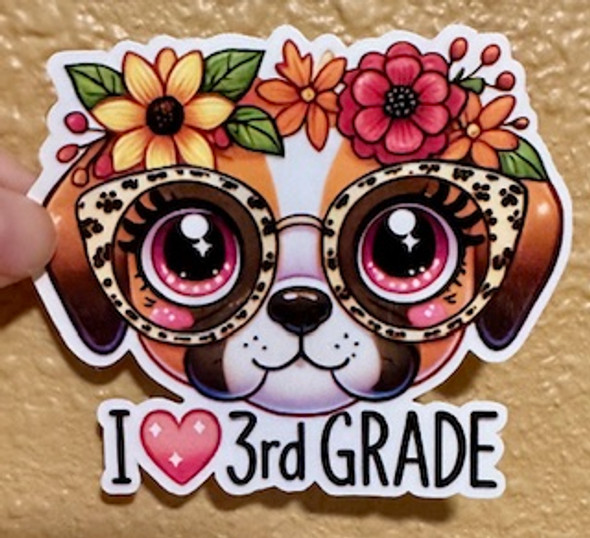 I ❤️ 3rd Grade Dog  Waterproof Vinyl Sticker – Cute Floral Pup with Glasses –