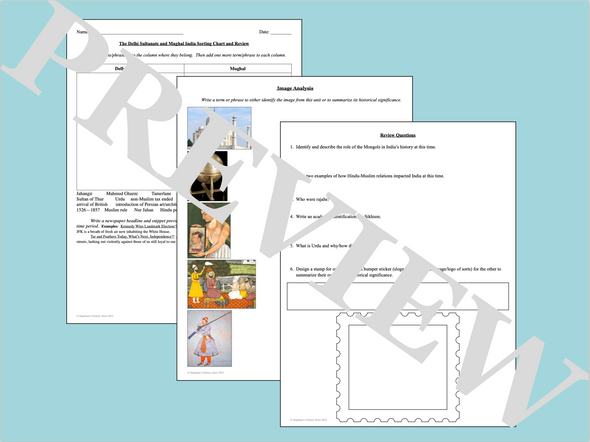 The Delhi Sultanate and Mughal India Activity Sorting Chart Review Questions