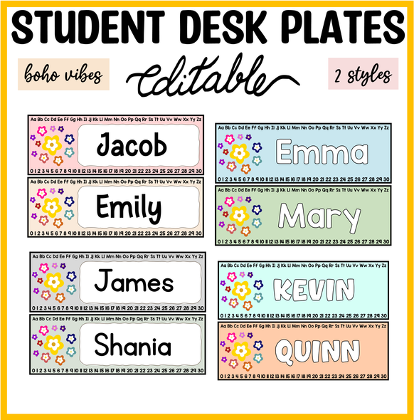 Printable Flowers Student Desk Plates, Editable Classroom Labels, Name Plates