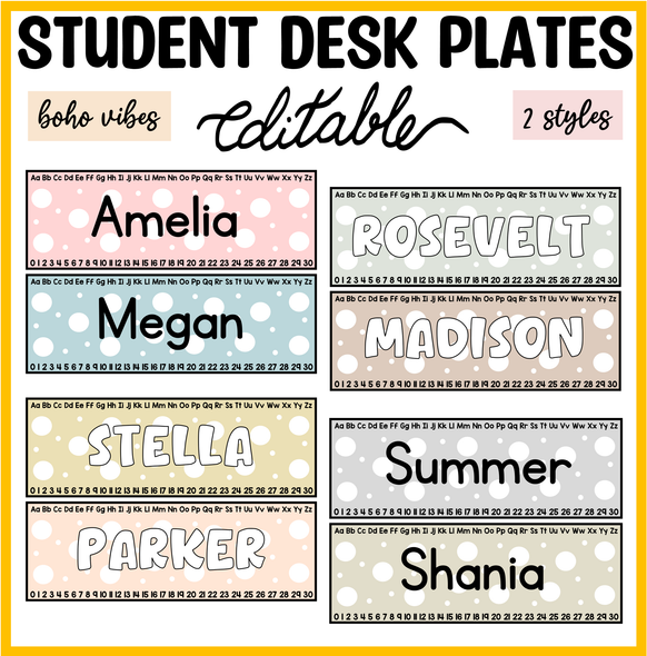 Printable Polka Dots Student Desk Plates, Editable Classroom Labels, Name Plates
